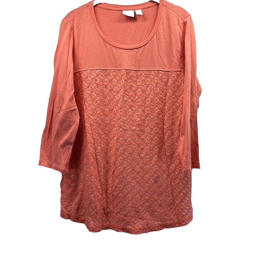 Chicos Weekends Top Size Medium Solid Orange Lace Overlay Layered 3/4 Sleeves